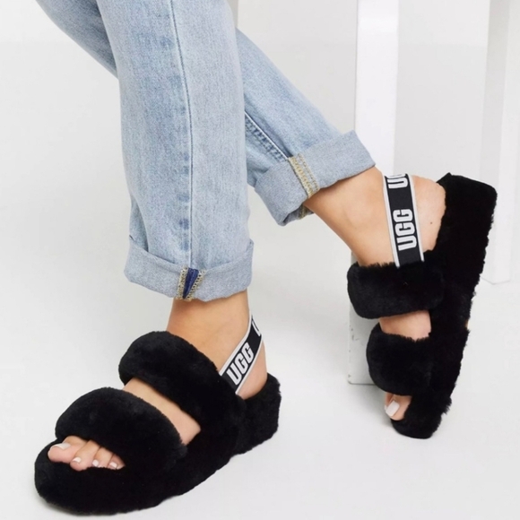 UGG Womens Fluff Oh Yeah Slide Fur Slipper Black 1107953 Sz 10 - Picture 1 of 12